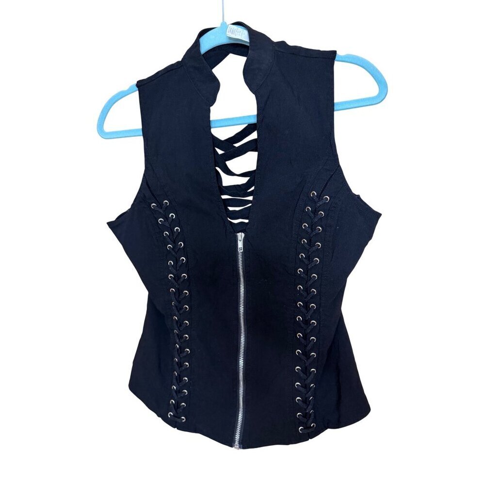 One Sexy Biker Chick Womens Size XL Black Criss Cross Padded Zipper Vest Goth